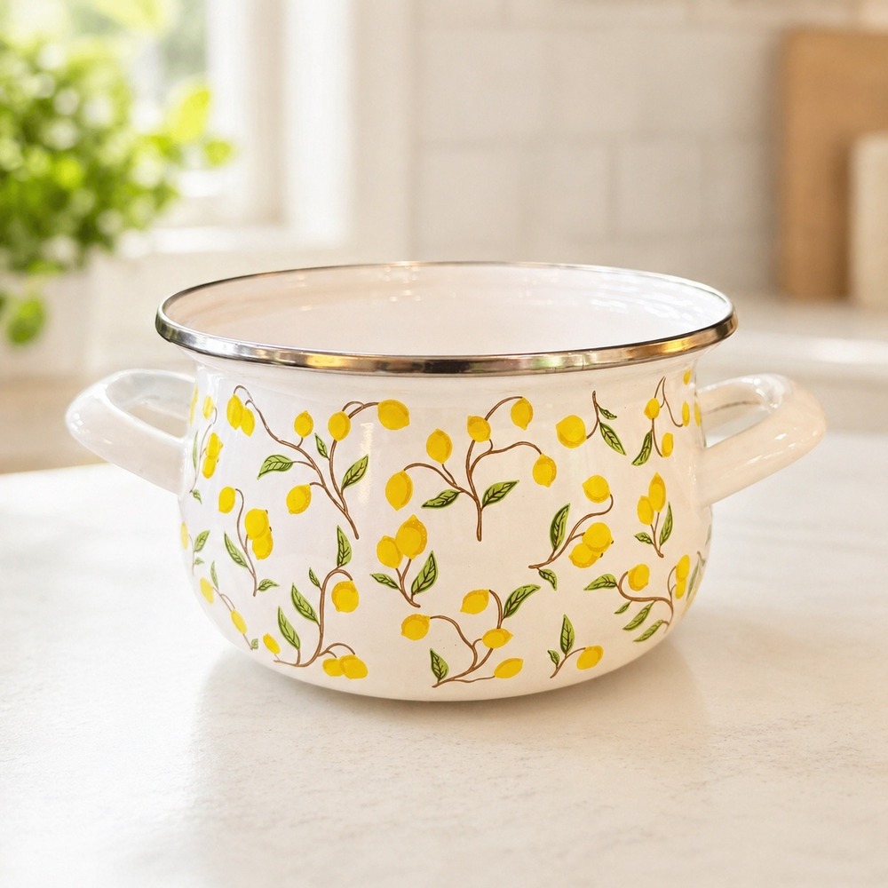 Crofton Enameled Steel‎ Casserole Dish Lemon Pattern Oven Safe 500F White Yellow